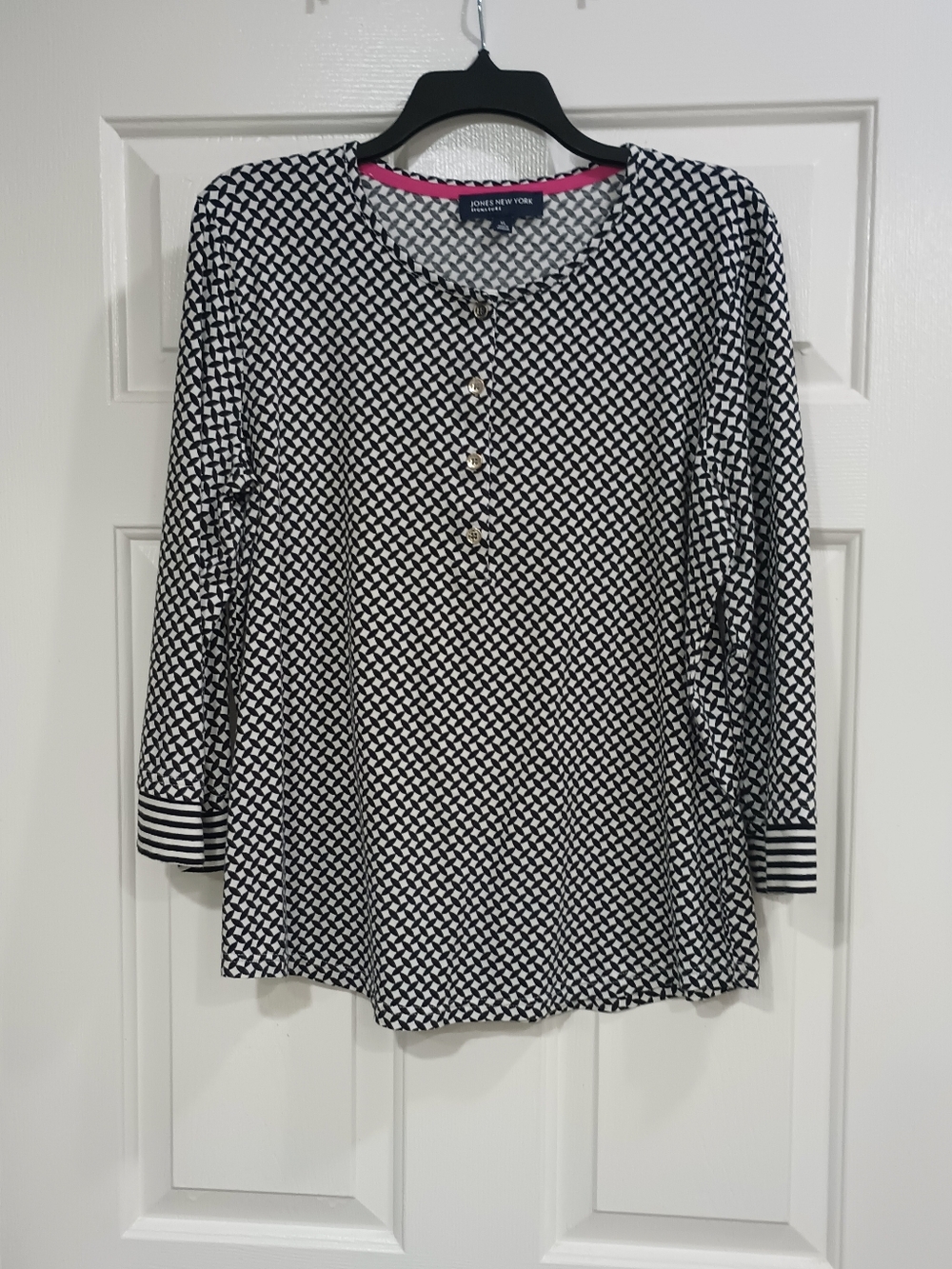Jones New York Black & White Geometric Long-Sleeve Cotton Top XL